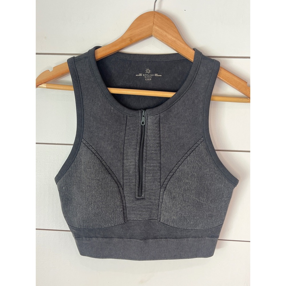 Offline by Aerie Grey Ribbed Seamless Quarter Zip Sports Bra Tank Top Large